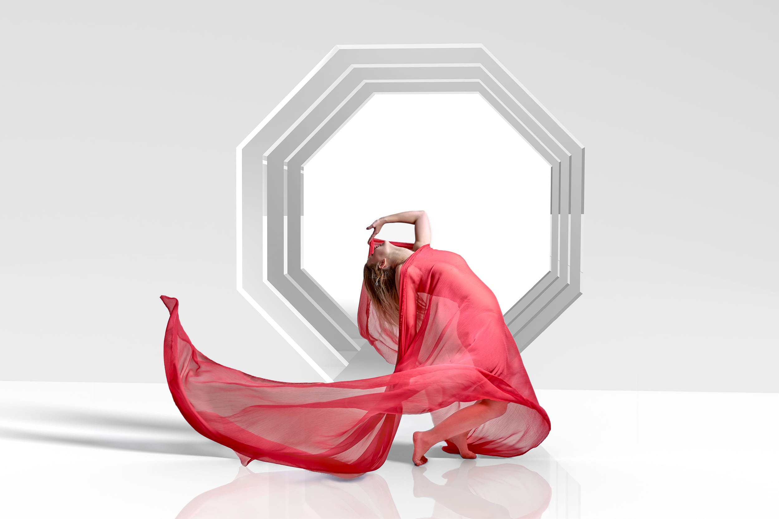 Figure and fabric arranged in an octagonal composition